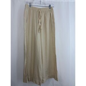 Max Studio London Linen‎ Blend Wide Leg Drawstring Pants khaki Womens M Flowy